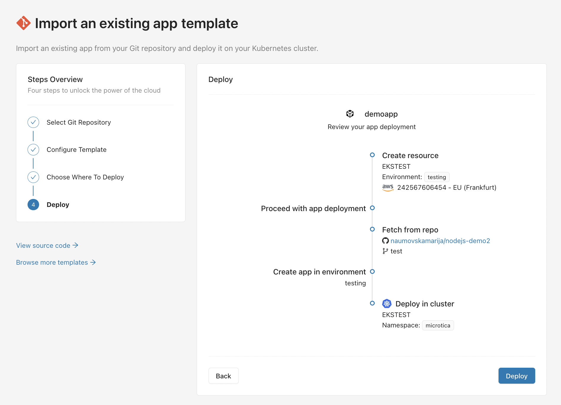 Deployment summary for the new testing environment