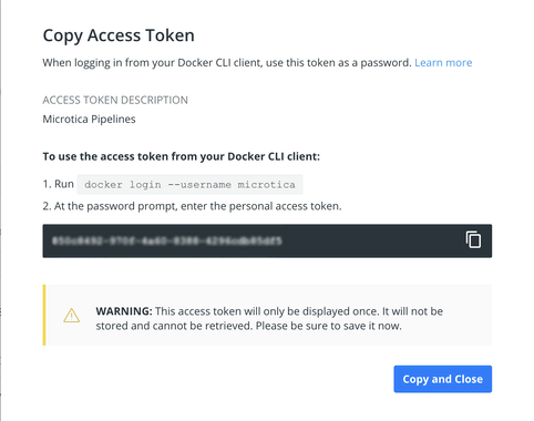 The generated DockerHub access token with a copy button