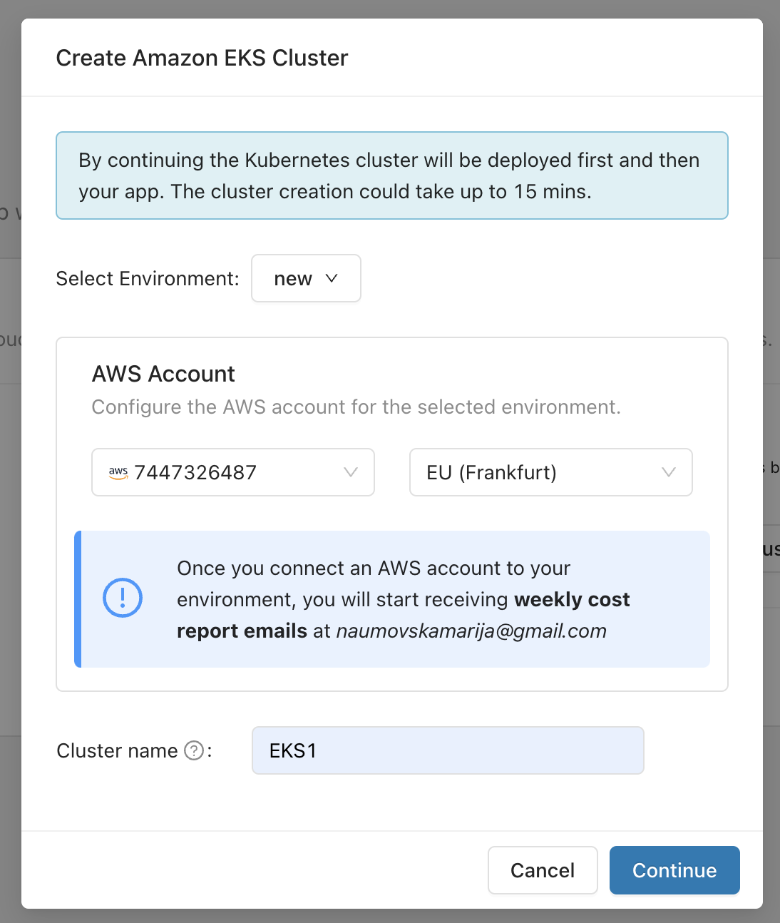 Create Amazon EKS Cluster popup to connect an AWS account