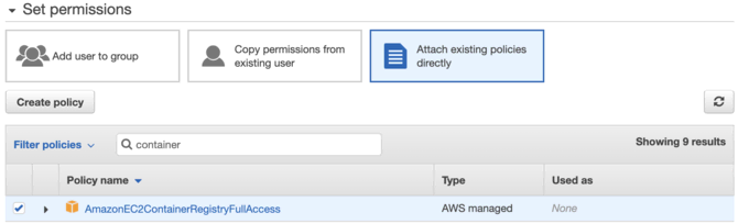Attaching the AmazonEC2ContainerRegistryFullAccess policy in the AWS Console