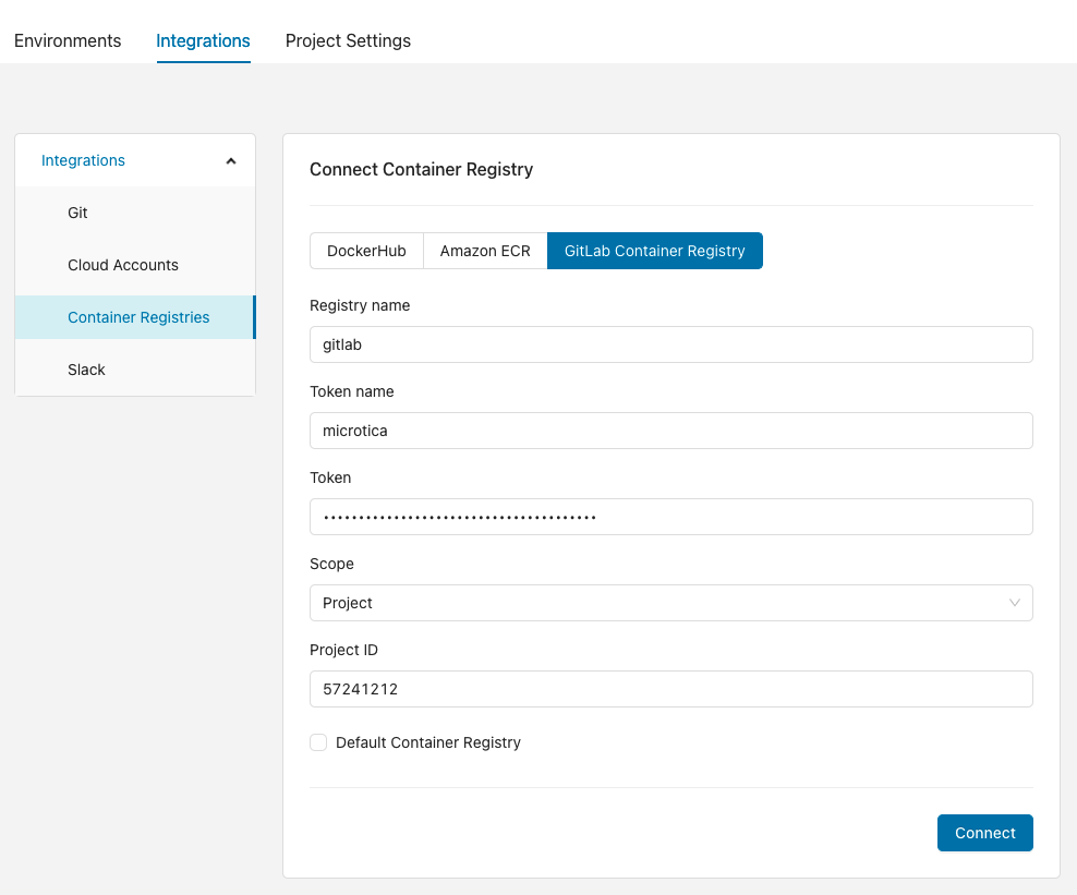 Adding a GitLab Container registry in the Microtica console