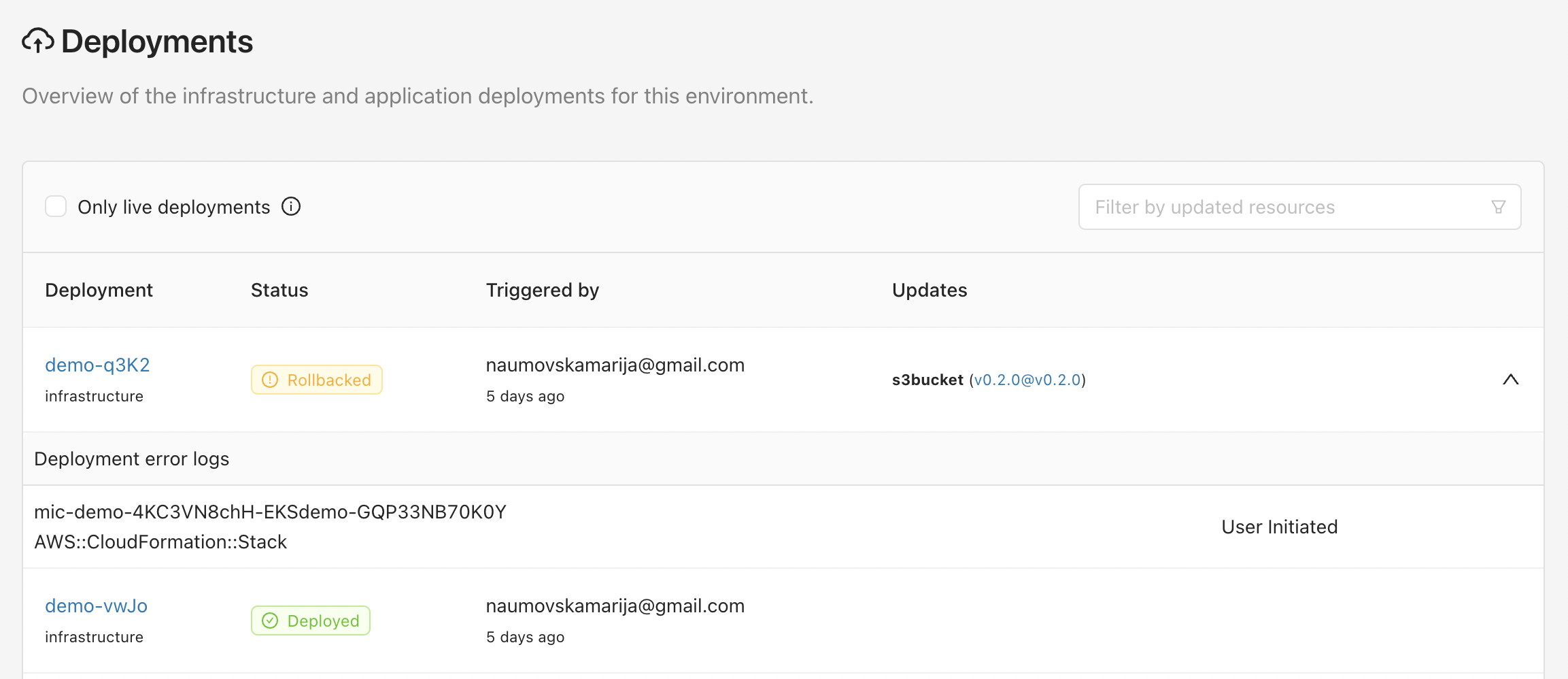 Deployment history view in the Microtica console