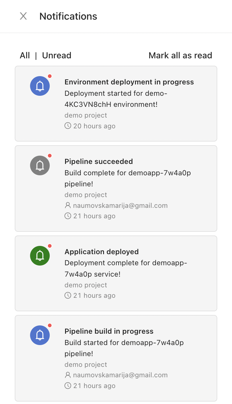 Notification Center panel listing recent pipeline events