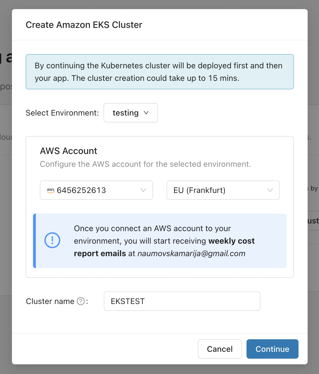 Create Amazon Kubernetes cluster dialog in Microtica