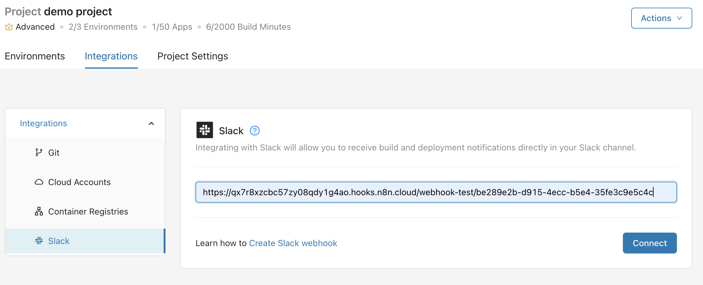 Slack pipeline notification settings in the Microtica console