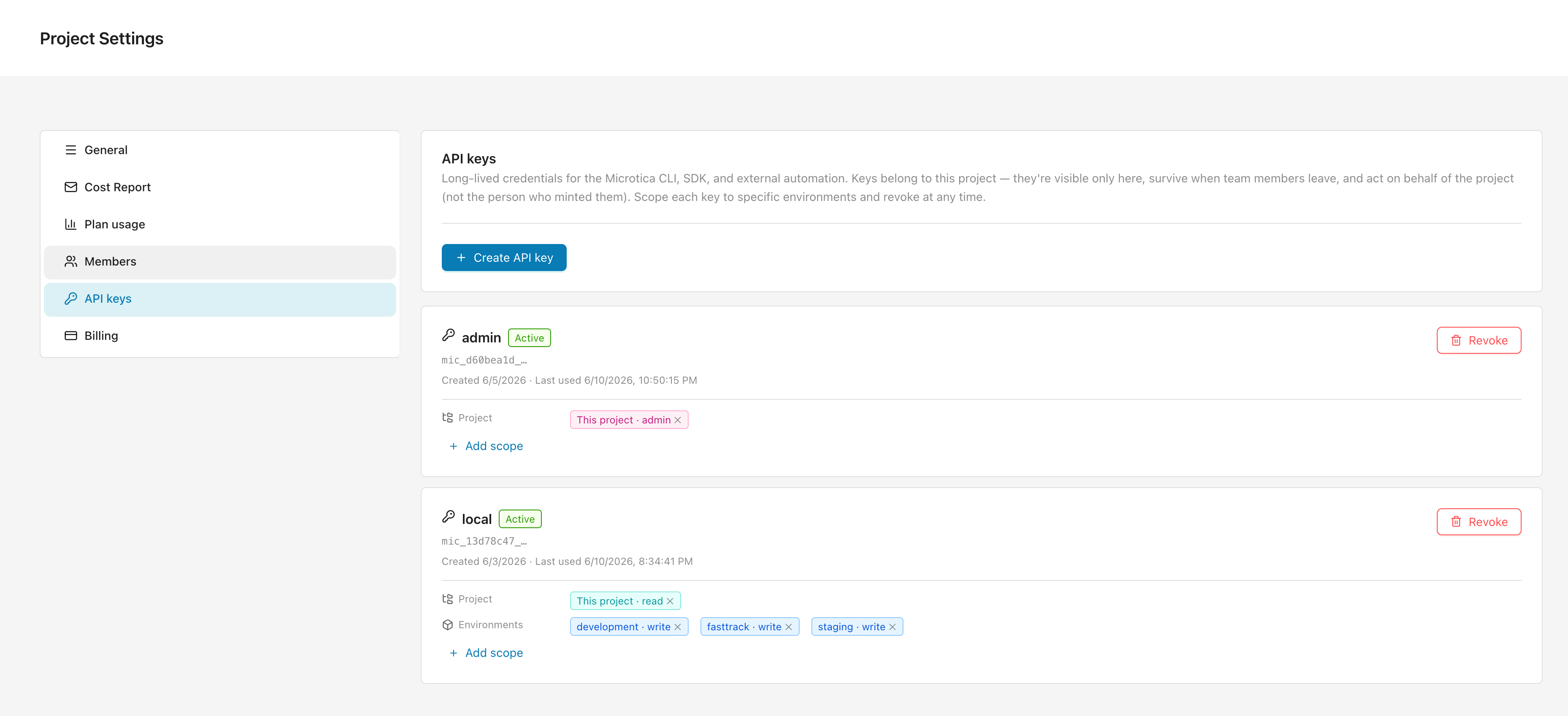 Microtica project settings showing the API keys tab, existing keys with their scopes, and the Create API key button