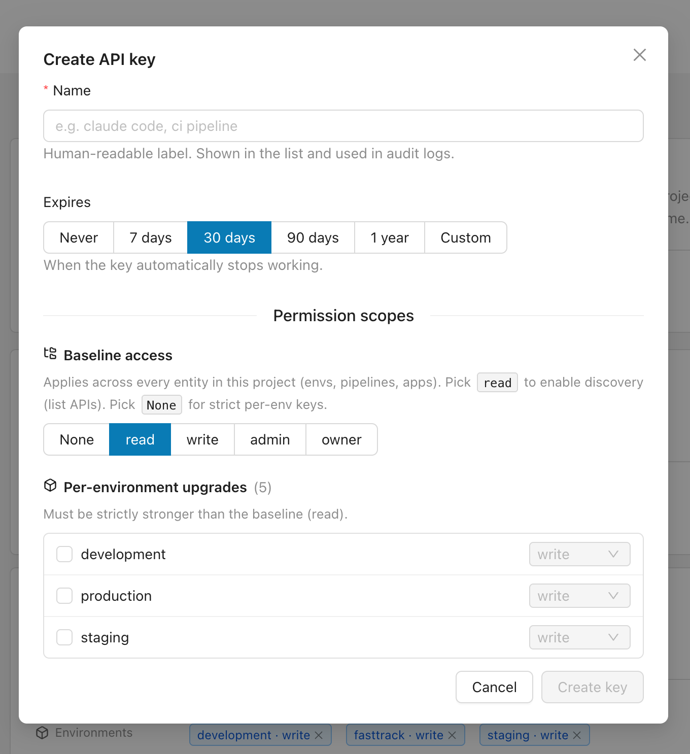 Create API key dialog with fields for name, expiry, baseline access, and per-environment permission scopes