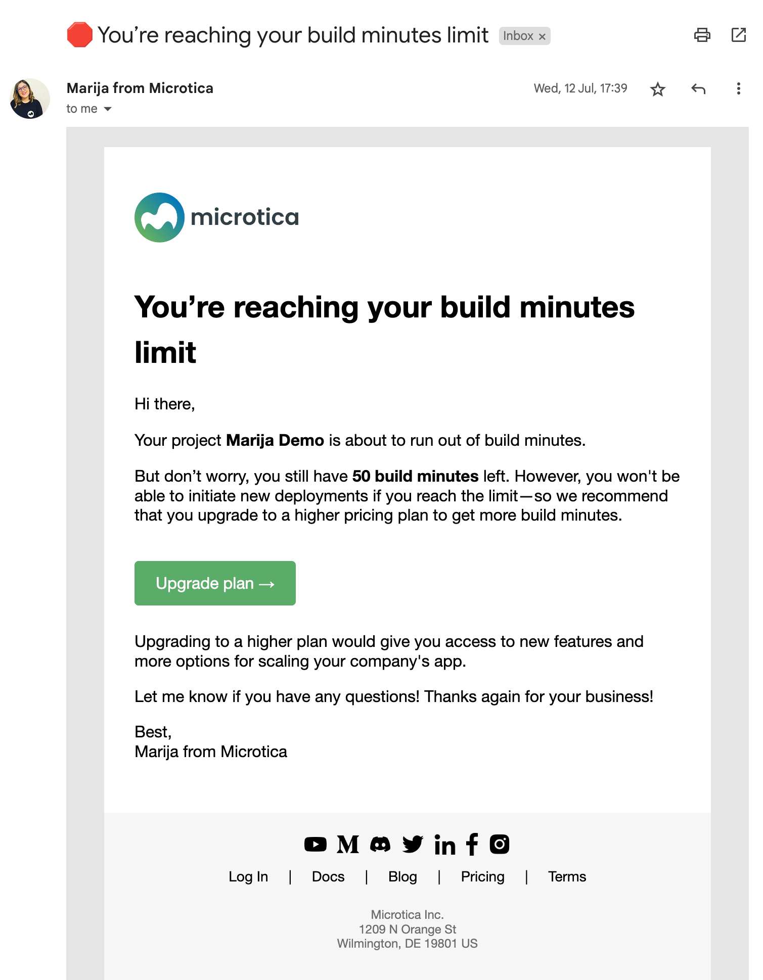Email alerts for build minutes and deployments